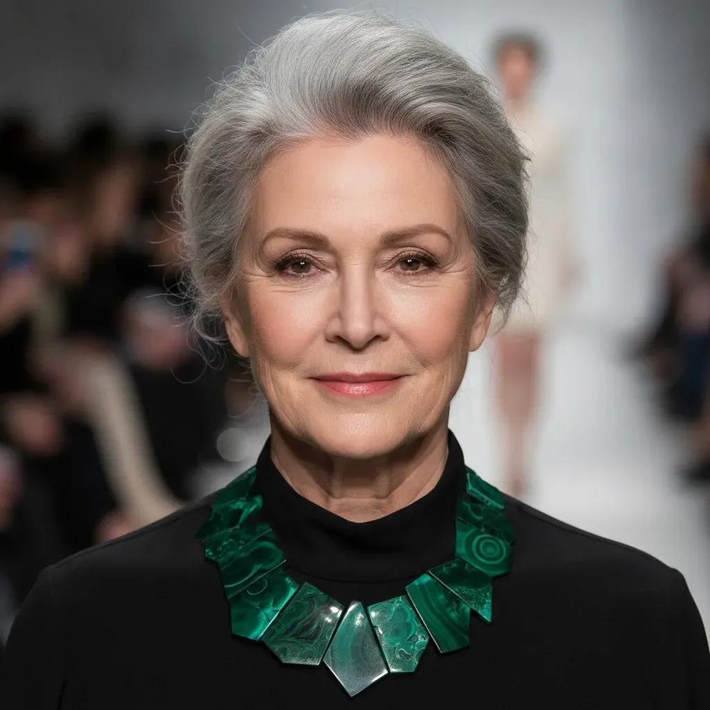Natural malachite necklace with asymmetric green banded stones displayed on an older woman