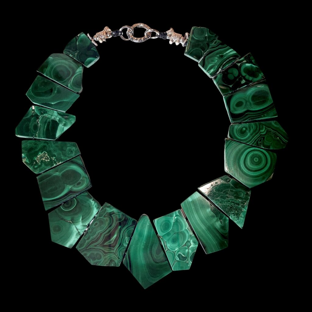 Natural malachite necklace with asymmetric green banded stones