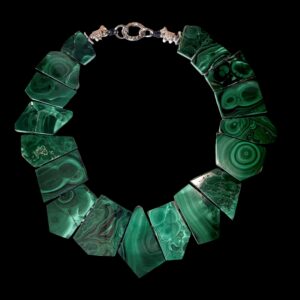 Natural malachite necklace with asymmetric green banded stones